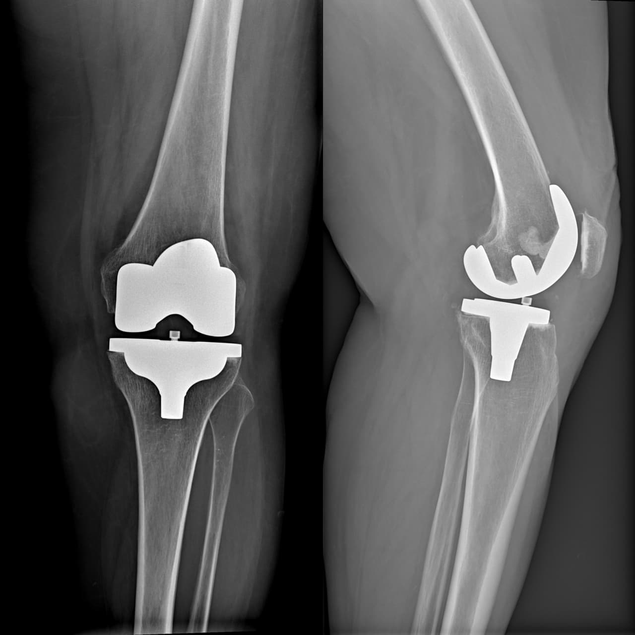 Radiographies postopératoires de face et de profil après pose d'une prothèse totale du genou.